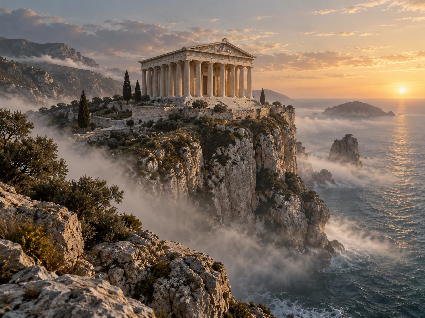 A marble temple on a sea cliff in the mist at first light