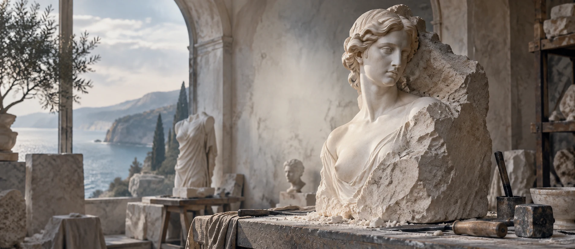 A marble figure emerging from rough stone in a softly lit sculptor’s workshop
