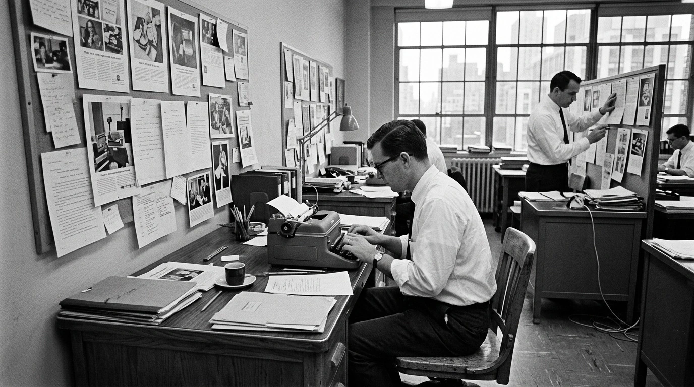 Copywriters at work in a light-filled studio, surrounded by campaign layouts