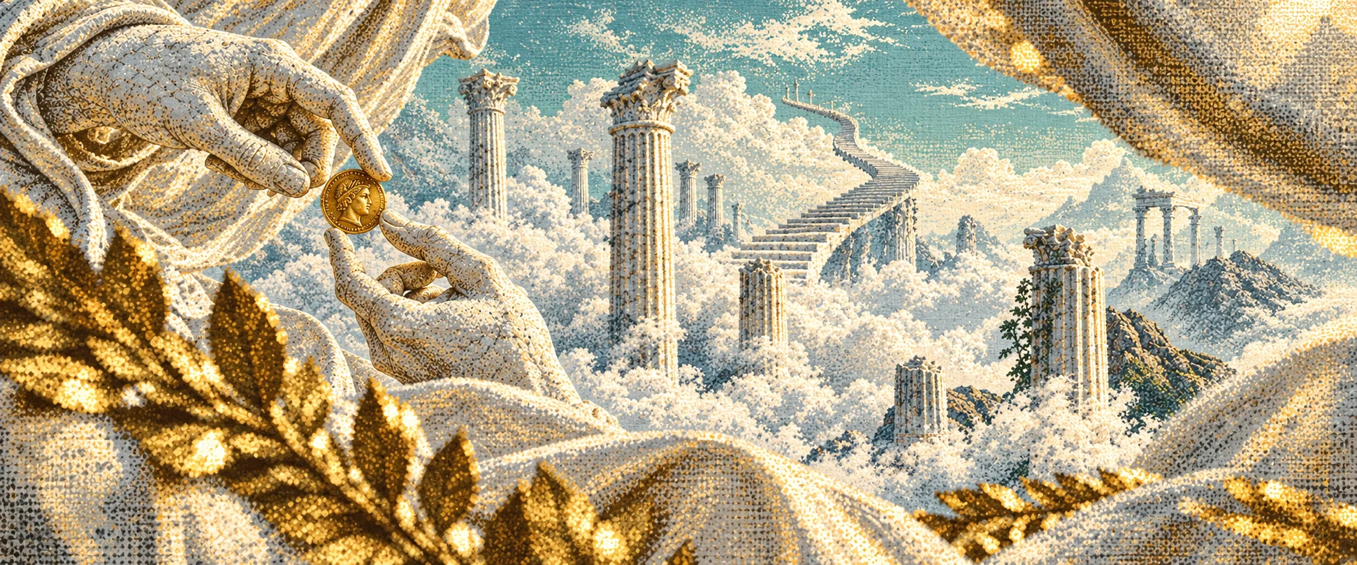 An abstract world of marble, gold, and Greek temples suspended in the clouds